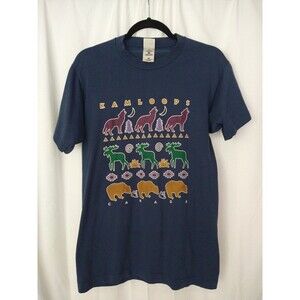 Vintage Kamloops Made in Canada T-Shirt Sz M Blue Moose Wolf Bear single stitch